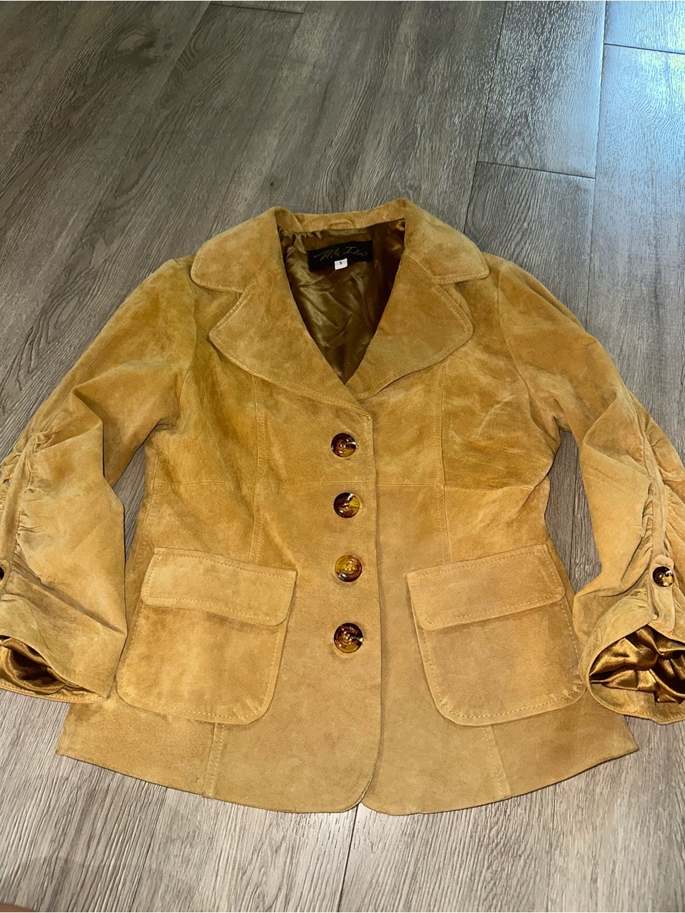 Vtg Vita Ideas Camel Suede Leather Ruched Sleeve Blazer Jacket Sz S